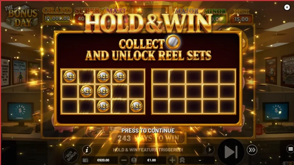 Interface visual do slot The Bonus Day com tema de escritório e símbolos corporativos