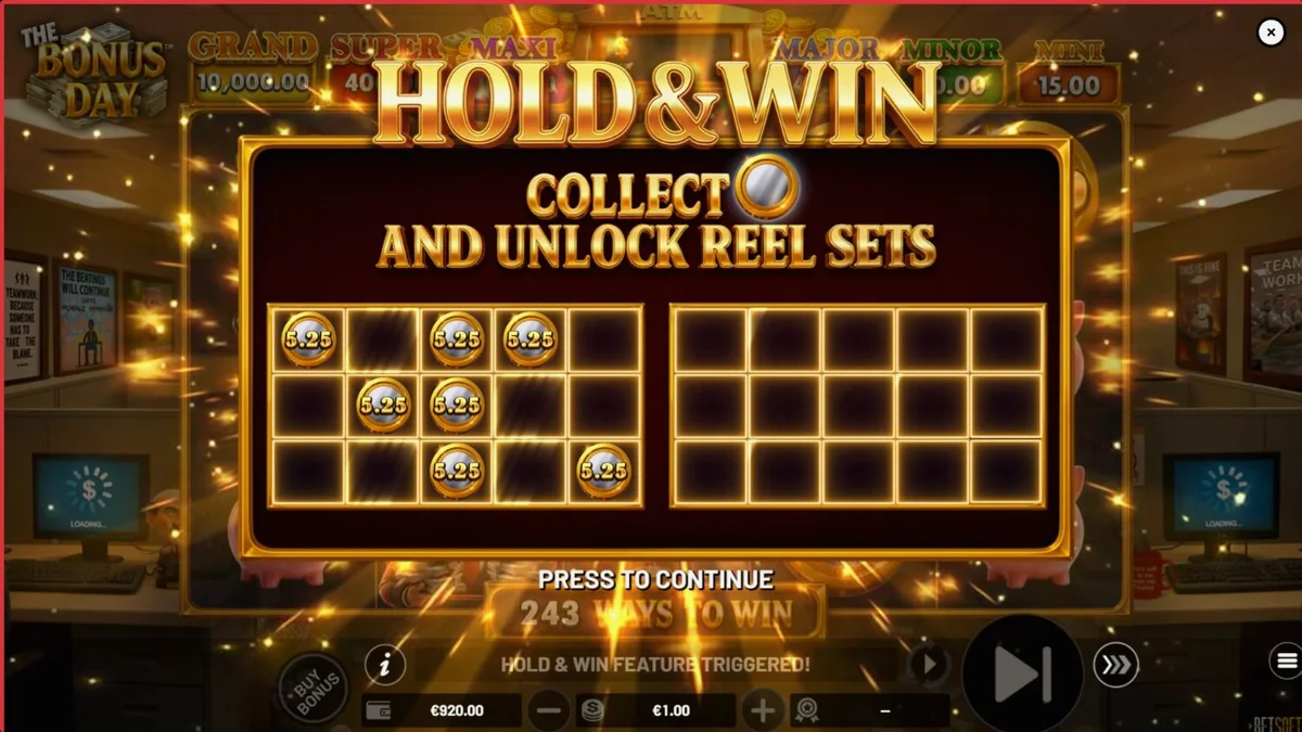 Interface visual do slot The Bonus Day com tema de escritório e símbolos corporativos
