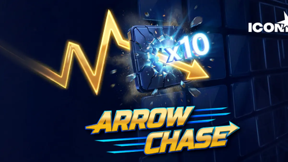 Captura de tela do jogo Arrow Chase mostrando a seta em movimento sobre blocos multiplicadores em uma grade.