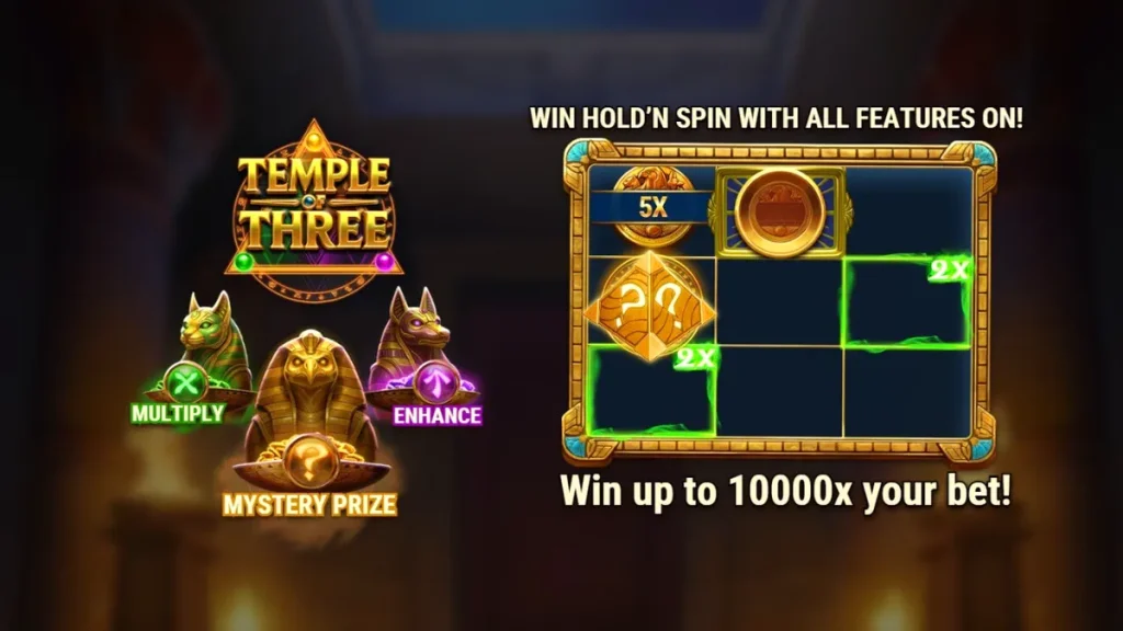 Temple of Three slot machine interface with Egyptian theme