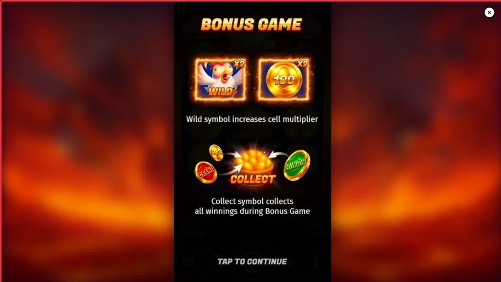 Interface do slot Chicken Fire com símbolos de frutas e galinhas animadas